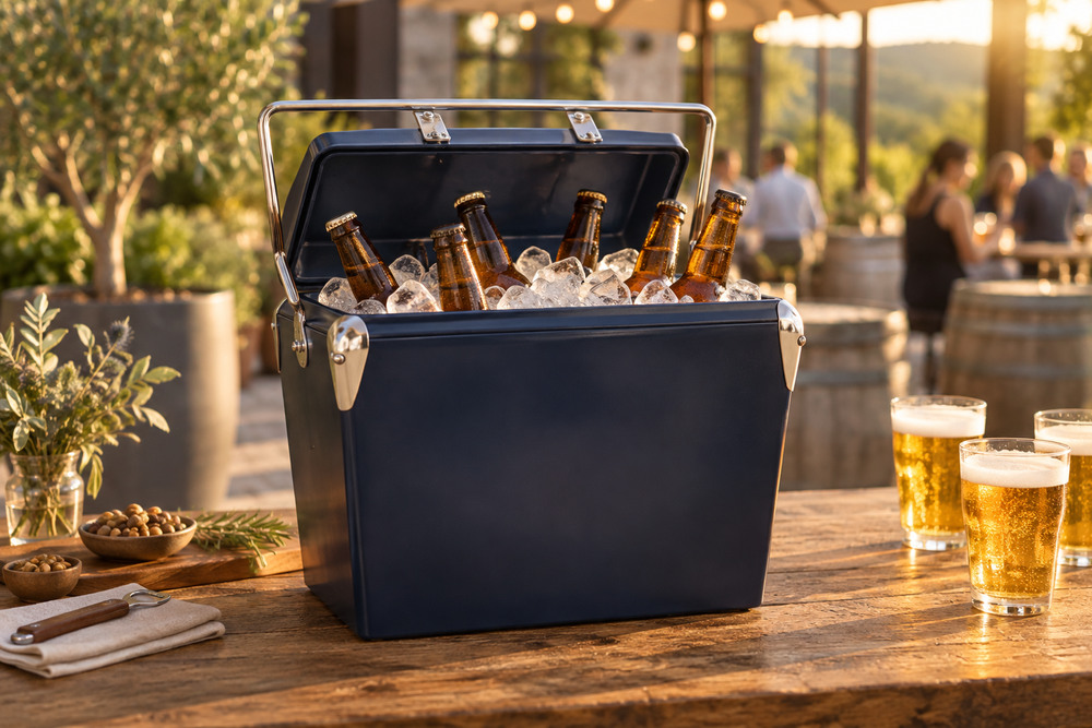 Custom metal cooler prepared for a branded beverage promotion