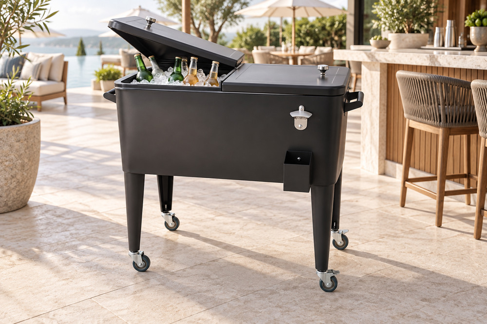 Black rolling metal cooler cart for a hotel terrace or outdoor beverage service