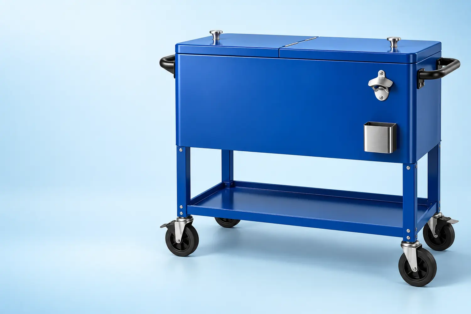 Blue customizable metal cooler cart with OEM feature callouts