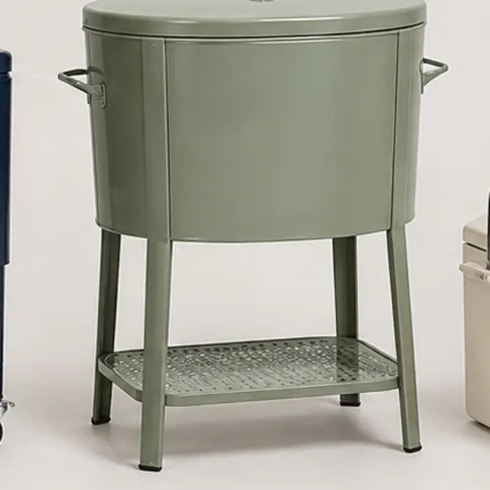 Round metal beverage cooler on stand