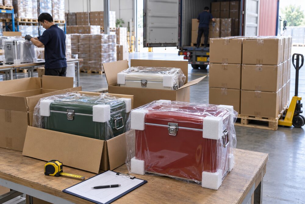 Metal coolers protected with foam corners and poly bags during export packing
