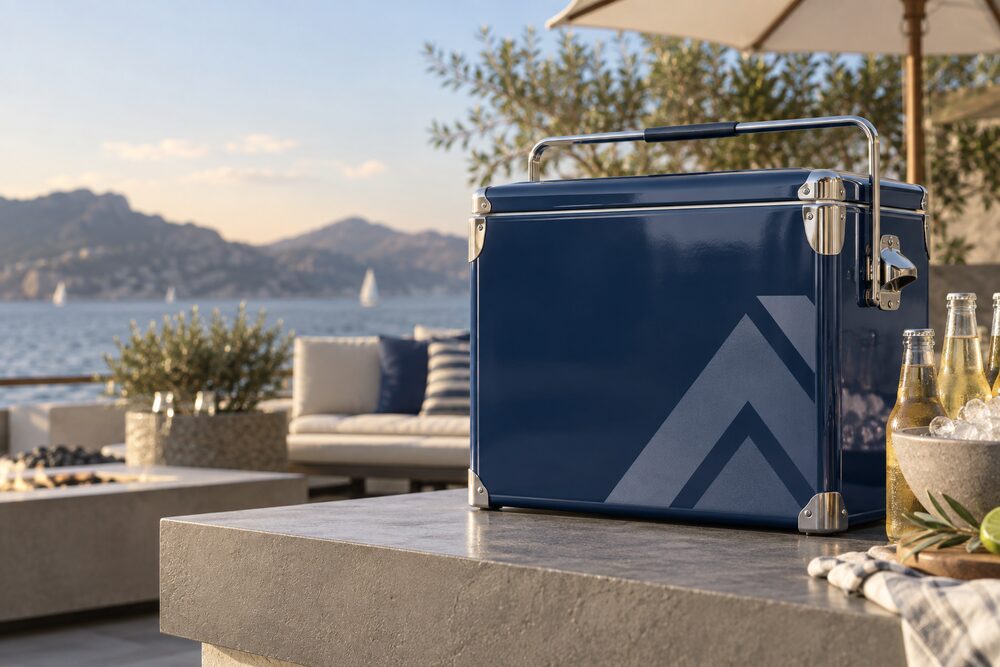 Custom navy metal cooler prepared for a private-label beverage promotion
