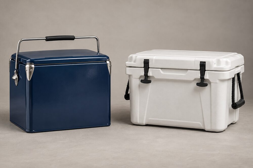 Unbranded metal cooler and rotomolded cooler compared side by side