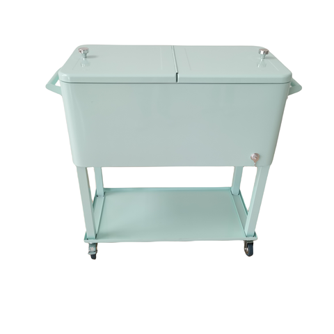 Mint green metal cooler cart showing lid, body, handle and shelf customization areas