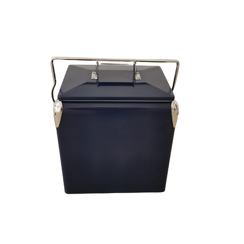 Plain navy retro metal cooler with folding handle